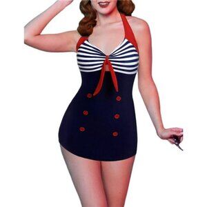 Womens Vintage Striped One Piece Swimsuit Monokini Boyleg Swimwear